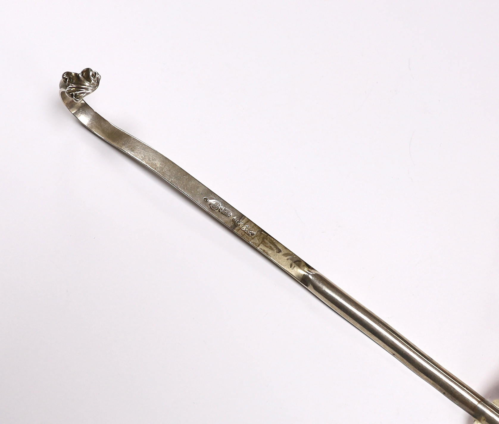 An 18th century Dutch? white metal marrow scoop, with unusual loop handle, maker BS, 22.9cm, 50 grams.